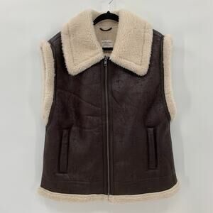 Offline by Aerie Womens Large Faux Leather Sherpa Vest Brown Pockets Full Zip